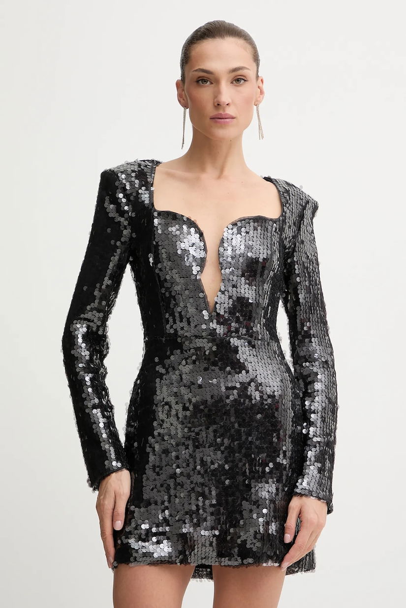 Bardot rochie culoarea gri, mini, evazați, 60120DB