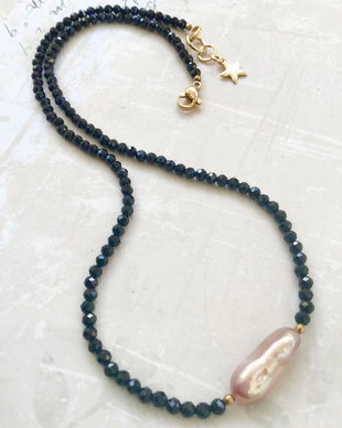 Colier CHOKER Turmalina neagra / spinel negru & perla Biwa