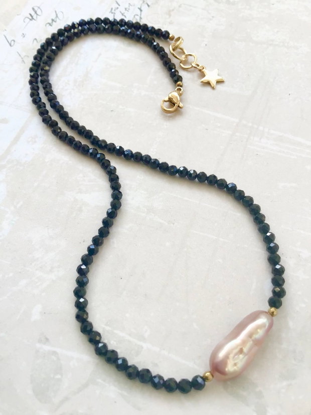 Colier CHOKER Turmalina neagra / spinel negru & perla Biwa