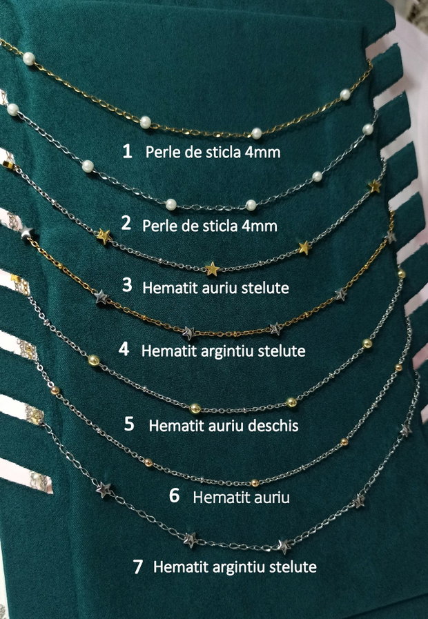 Lănțișoare din oțel inox, coliere cu insertie de piatra semipretioasa de hematit auriu/argintiu sau perle de sticla.