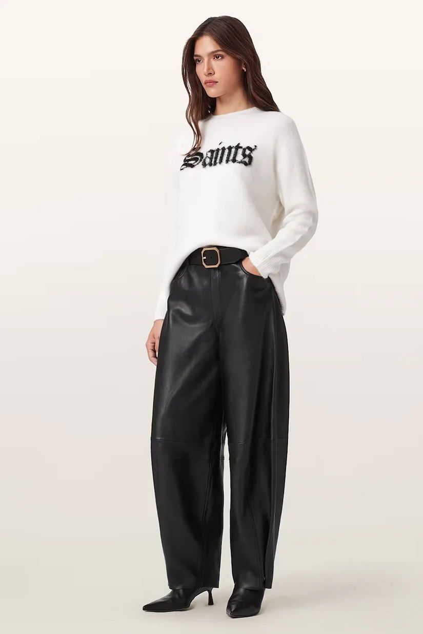 AllSaints pantaloni de piele JETT culoarea negru, lat, high waist, W026TD