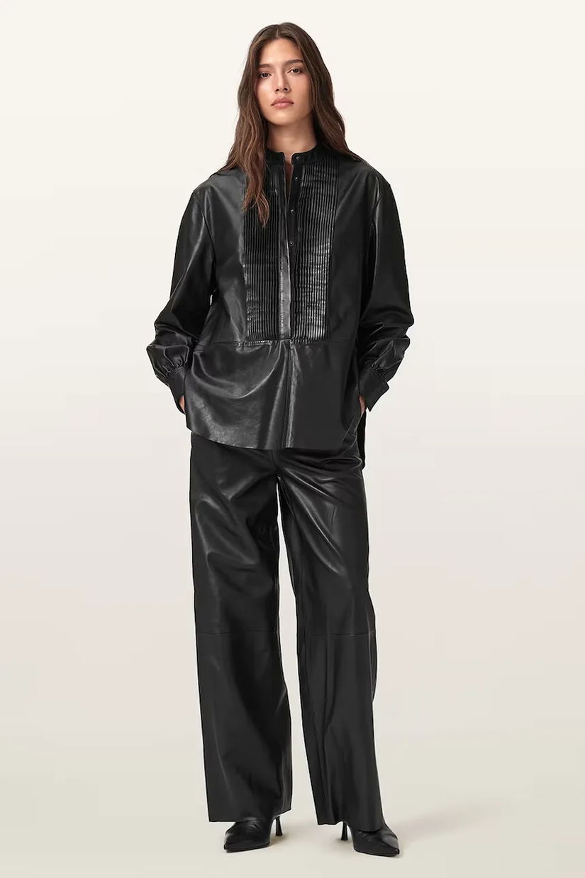 AllSaints pantaloni de piele ASH culoarea negru, lat, high waist, W028TD