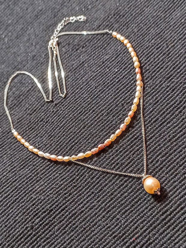 Colier argint perle naturale de cultura baroc somon violaceu nuante lant argint minimalist boho chic trendy