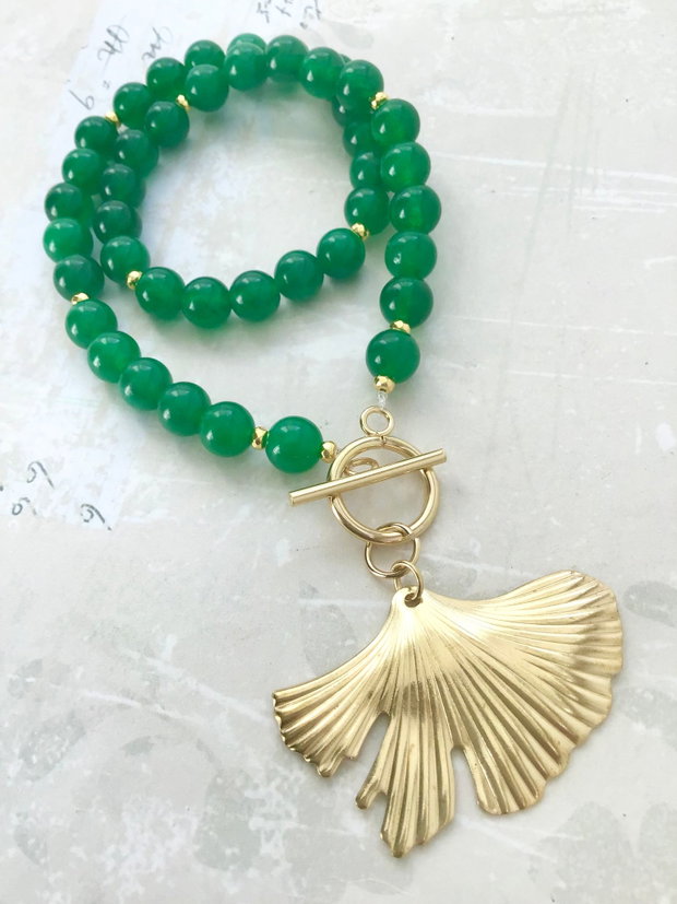Colier jad verde & frunza ginkgo