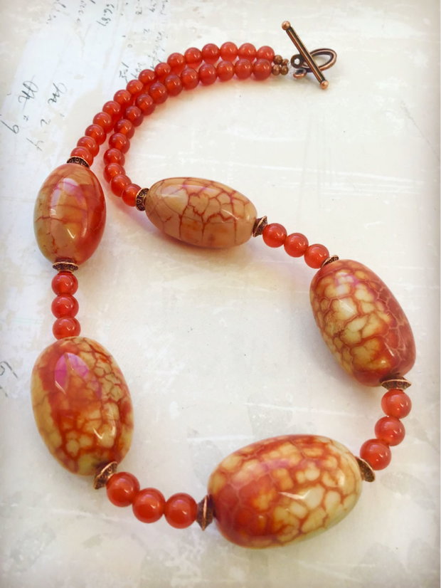 Colier vintage agate crackle & carneol