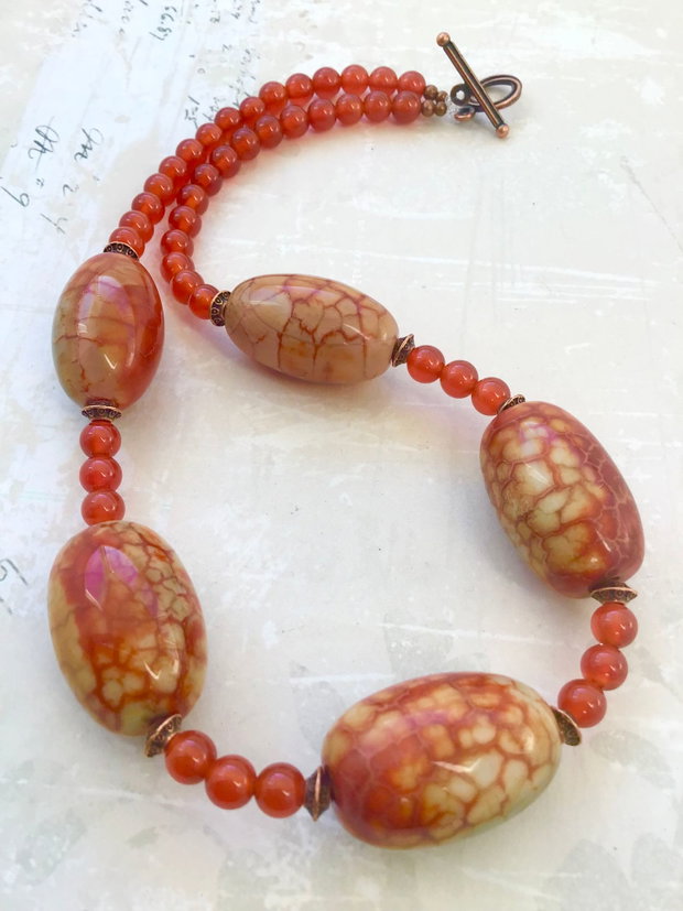 Colier vintage agate crackle & carneol