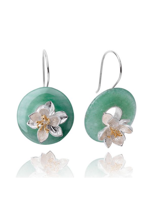 Cercei noi argint  placati  cu aur ,  floare de lotus, aventurin , spectaculosi