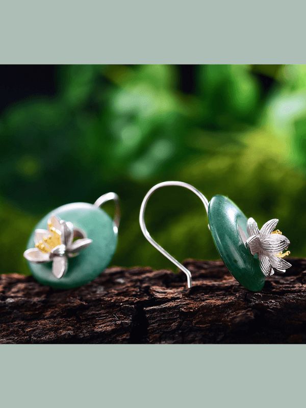 Cercei noi argint  placati  cu aur ,  floare de lotus, aventurin , spectaculosi