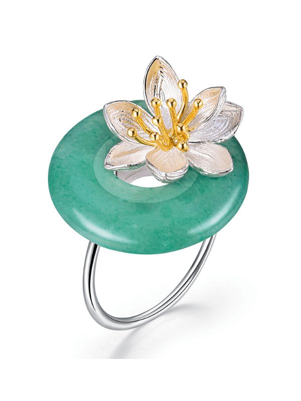 Inel nou  argint 925,  placat cu aur , floare de lotus ,  aventurin natural  verde