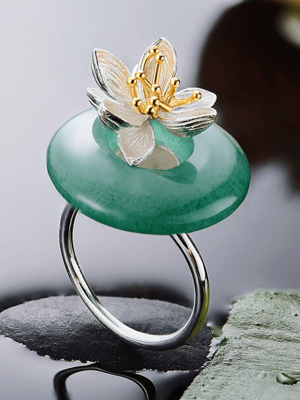 Inel nou  argint 925,  placat cu aur , floare de lotus ,  aventurin natural  verde