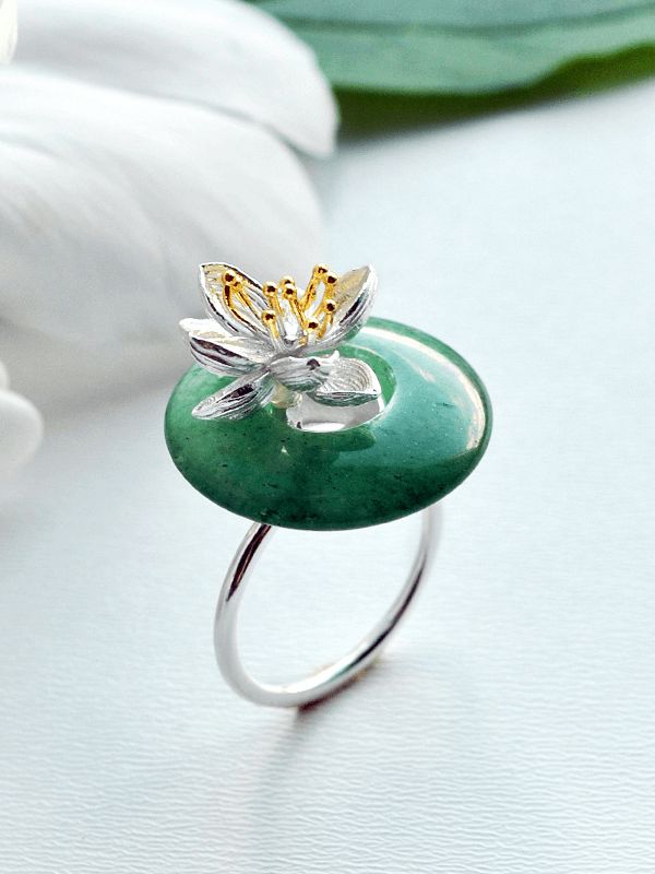 Inel nou  argint 925,  placat cu aur , floare de lotus ,  aventurin natural  verde