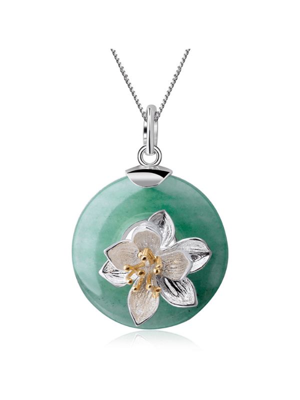 Colier  argint 925 ,  placat cu aur , floare de  lotus, aventurin verde natural , cadou lantisor de argint