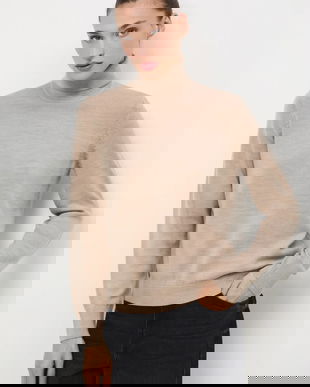 Medicine pulover din lână merino culoarea bej, cu guler