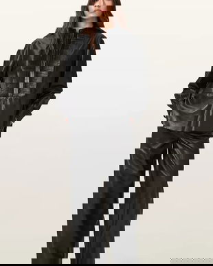 AllSaints pantaloni de piele ASH culoarea negru, lat, high waist, W028TD