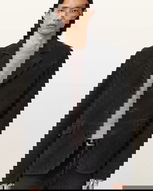 AllSaints geacă de piele întoarsă HORNETT culoarea negru, M020LD