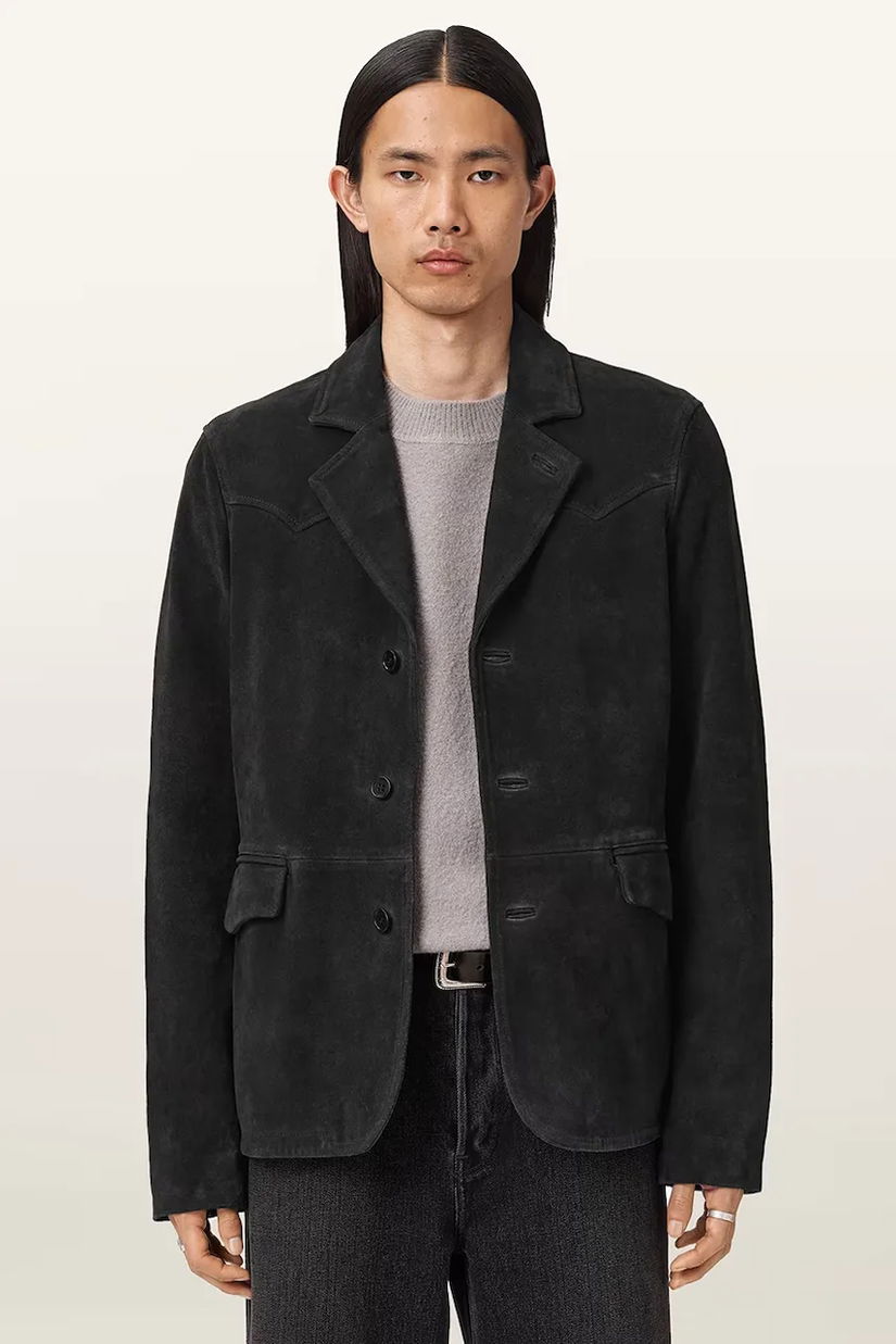 AllSaints geacă de piele întoarsă HORNETT culoarea negru, M020LD