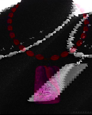 Colier statement cu jad roz și pandantiv roz-ciclam (cod1323)