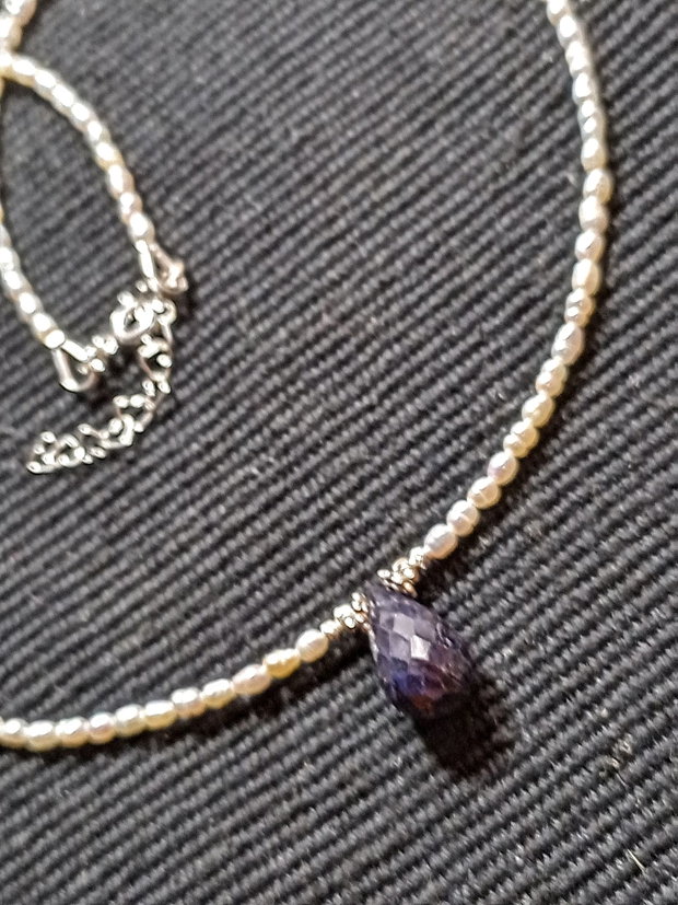 Colier argint perle naturale de cultura baroc mini safir opac picatura minimalist boho chic trendy - Transport gratuit