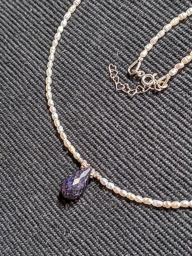 Colier argint perle naturale de cultura baroc mini safir opac picatura minimalist boho chic trendy - Transport gratuit