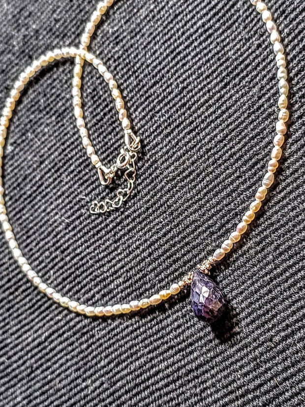 Colier argint perle naturale de cultura baroc mini safir opac picatura minimalist boho chic trendy - Transport gratuit