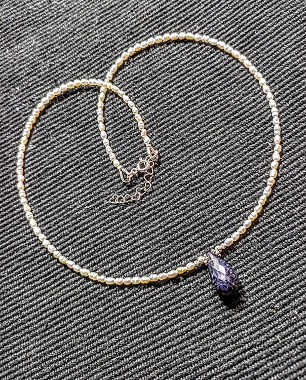 Colier argint perle naturale de cultura baroc mini safir opac picatura minimalist boho chic trendy - Transport gratuit