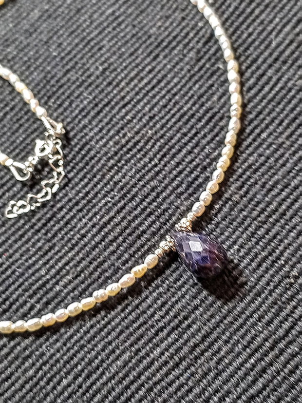 Colier argint perle naturale de cultura baroc mini safir opac picatura minimalist boho chic trendy - Transport gratuit