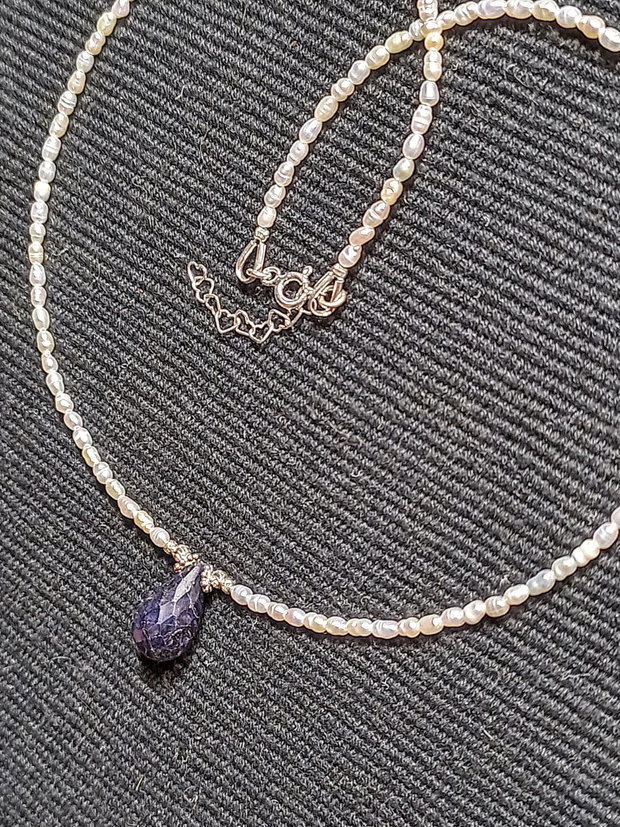 Colier argint perle naturale de cultura baroc mini safir opac picatura minimalist boho chic trendy - Transport gratuit