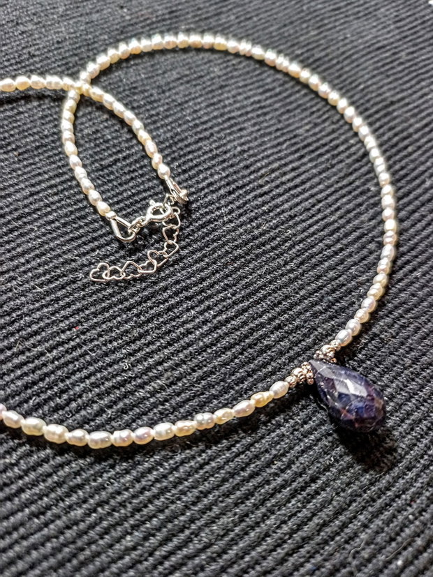 Colier argint perle naturale de cultura baroc mini safir opac picatura minimalist boho chic trendy - Transport gratuit