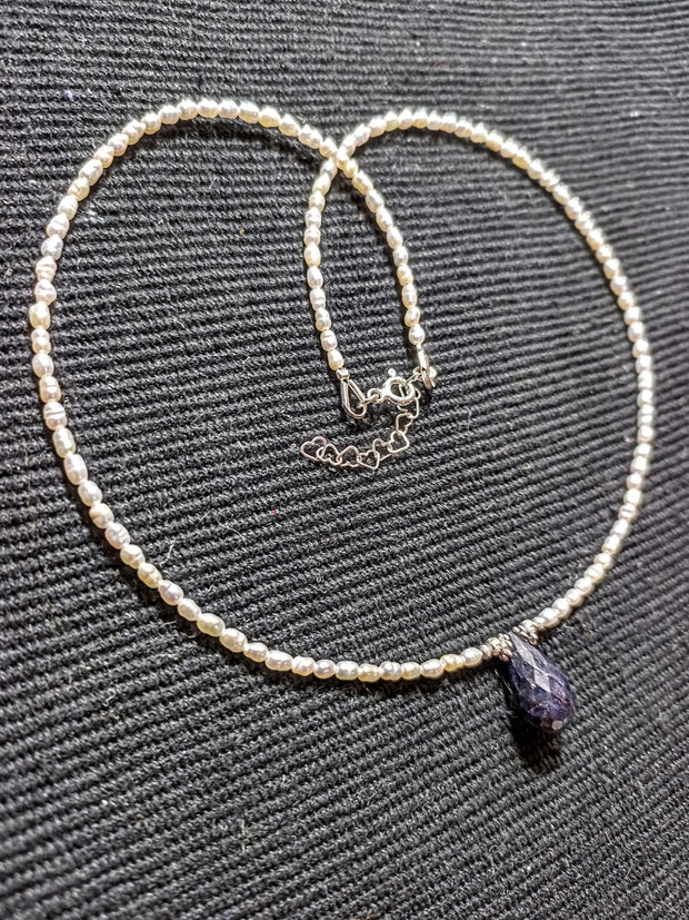 Colier argint perle naturale de cultura baroc mini safir opac picatura minimalist boho chic trendy - Transport gratuit