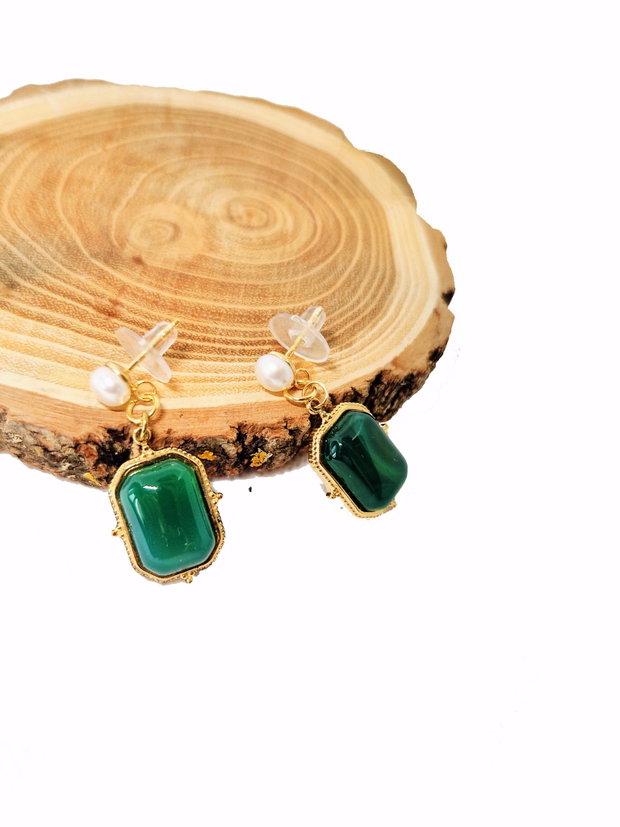 Cercei "Royal Green" din argint, perle de cultura, inox auriu si aventurin verde