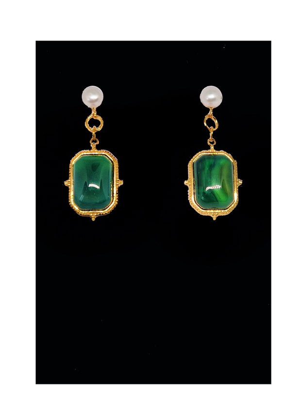 Cercei "Royal Green" din argint, perle de cultura, inox auriu si aventurin verde