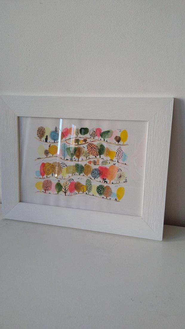 Pictura/schita "Padurea Colorata" cu acrilic si marker pe hartie cartonata.