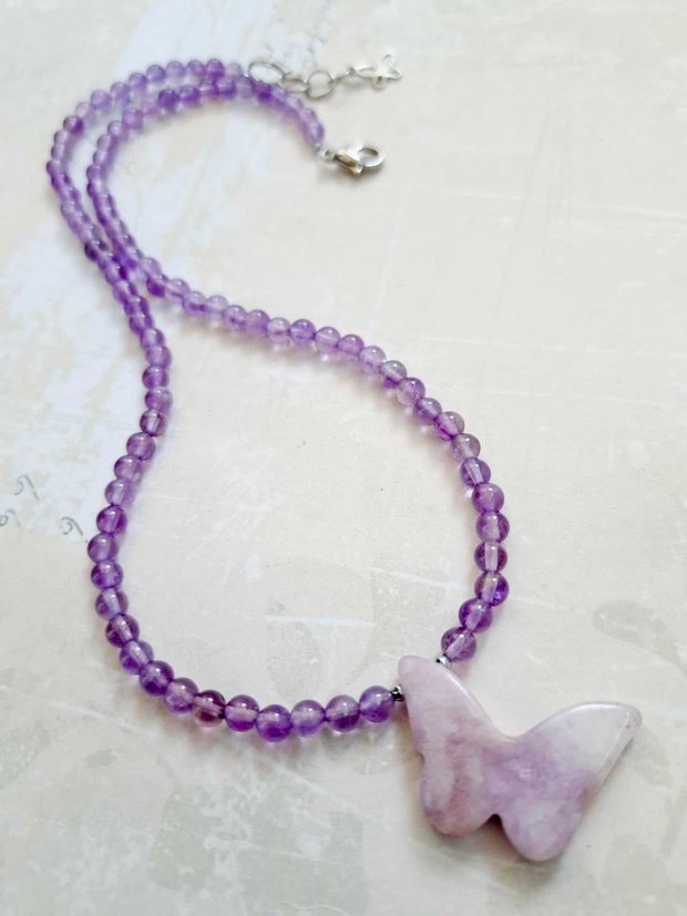 Colier CHOKER Fluture Lepidolit & ametist