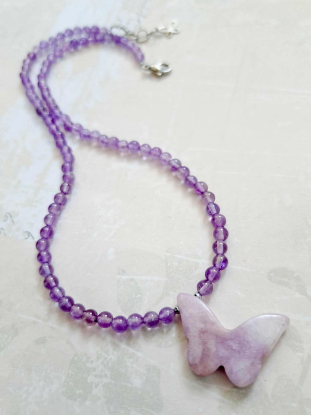 Colier CHOKER Fluture Lepidolit & ametist