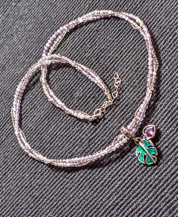 Colier argint X3 ametist lant argint charm emailat frunza monstera inima argint minimalist boho chic trendy - Transport gratuit