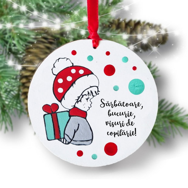 Decoratiune de pom Craciun glob pictat manual cu mesaj