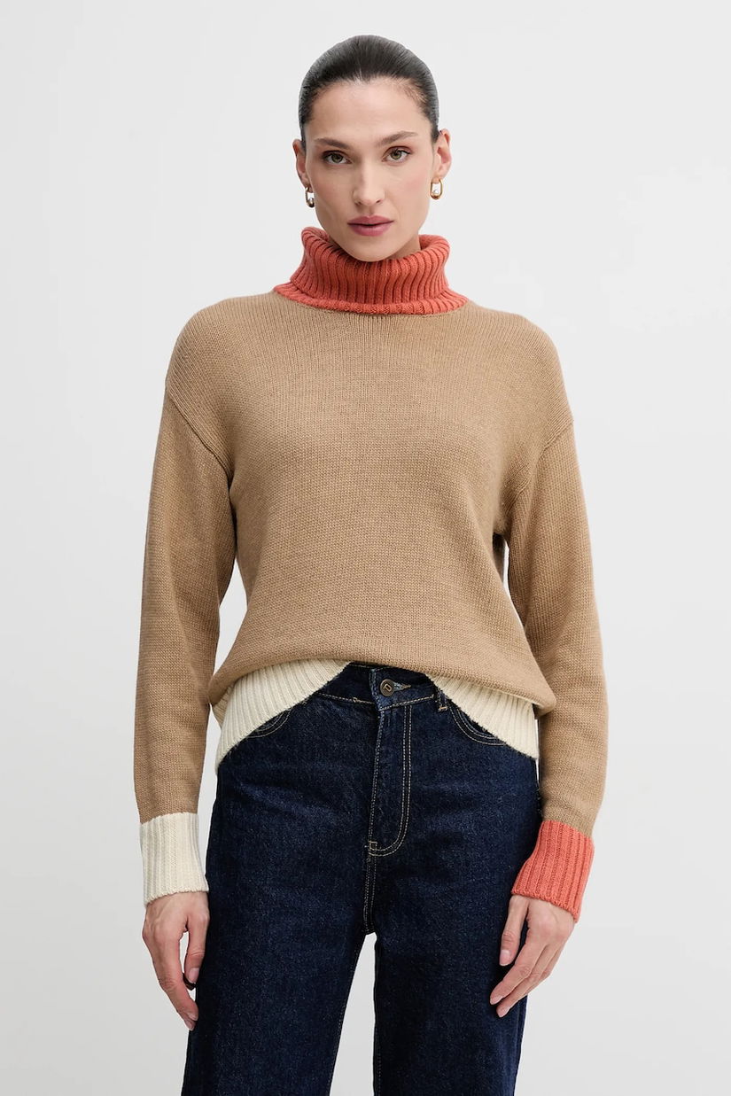 United Colors of Benetton pulover din amestec de lână culoarea bej, cu guler, 16YCE204I