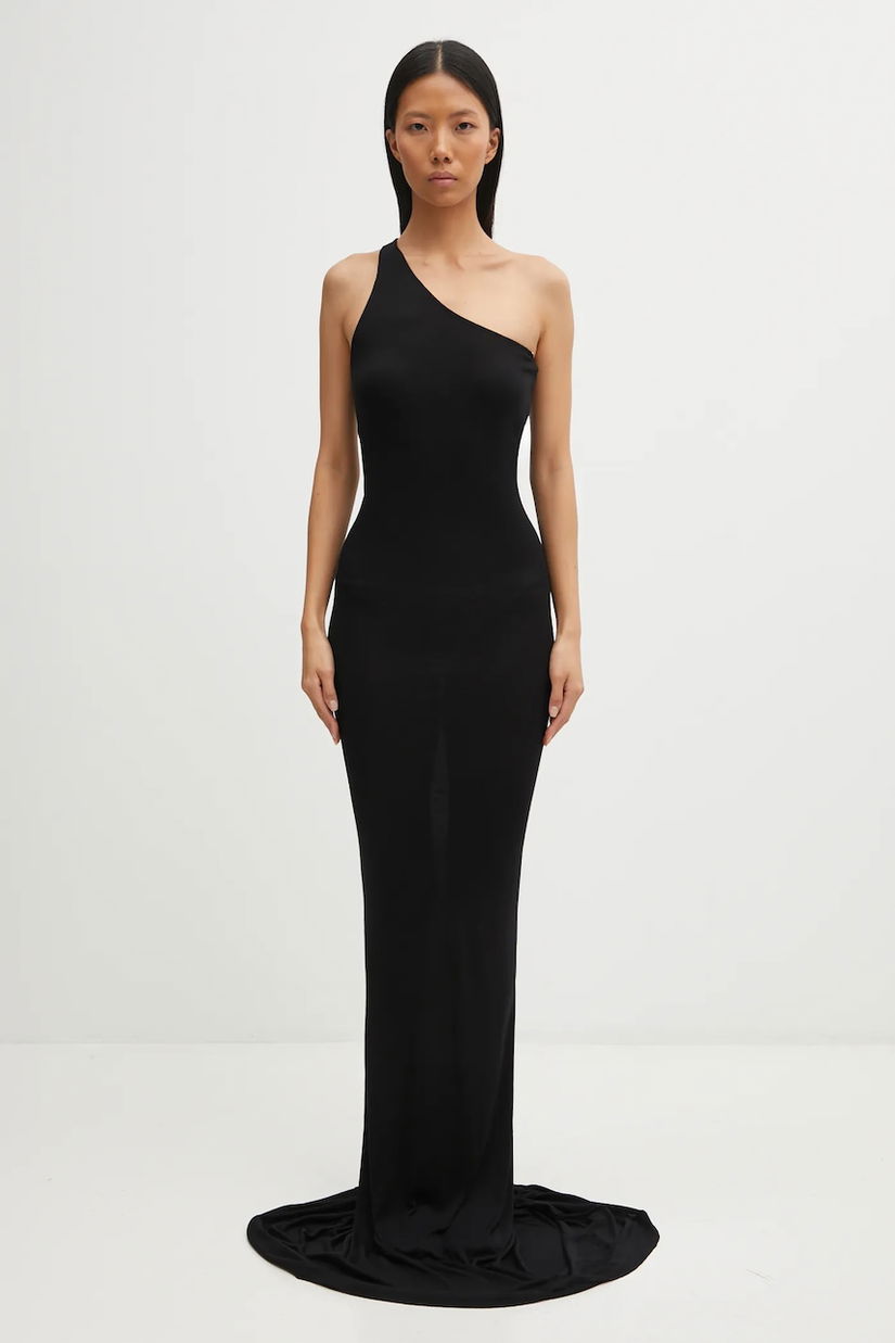 Rick Owens Lilies rochie din viscoză One Shoulder Gown culoarea negru, maxi, mulată, LI02E3571.RV