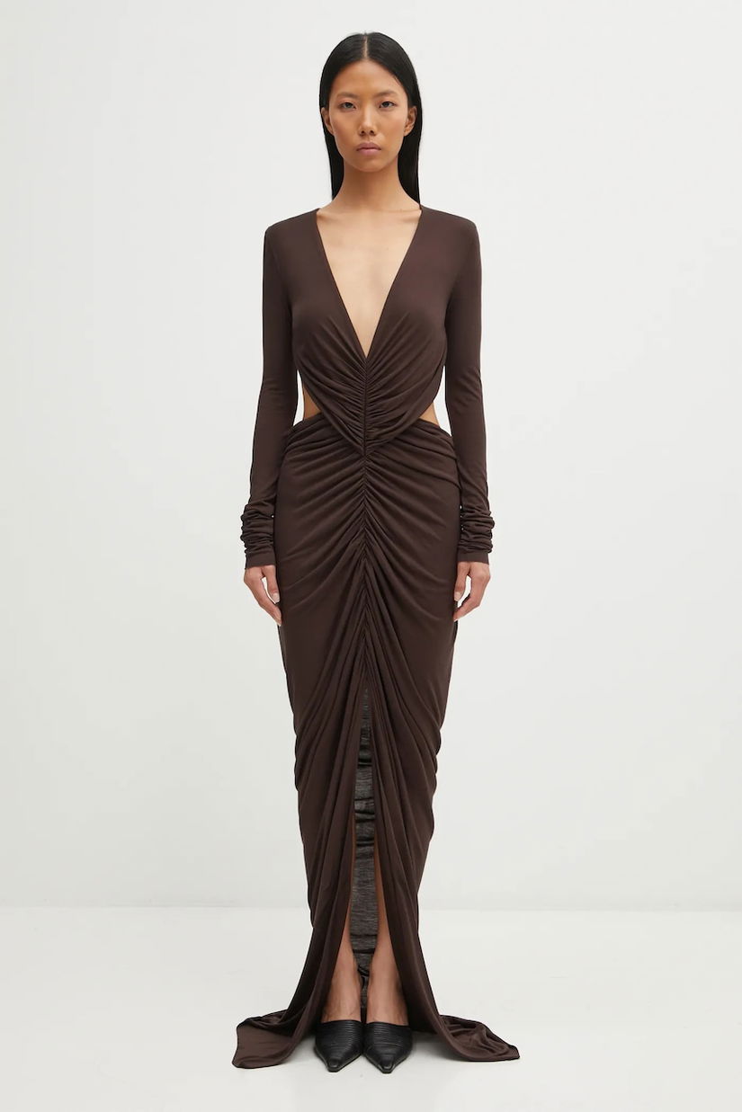 Rick Owens Lilies rochie Poppy culoarea maro, maxi, mulată, LI02E3507.RV