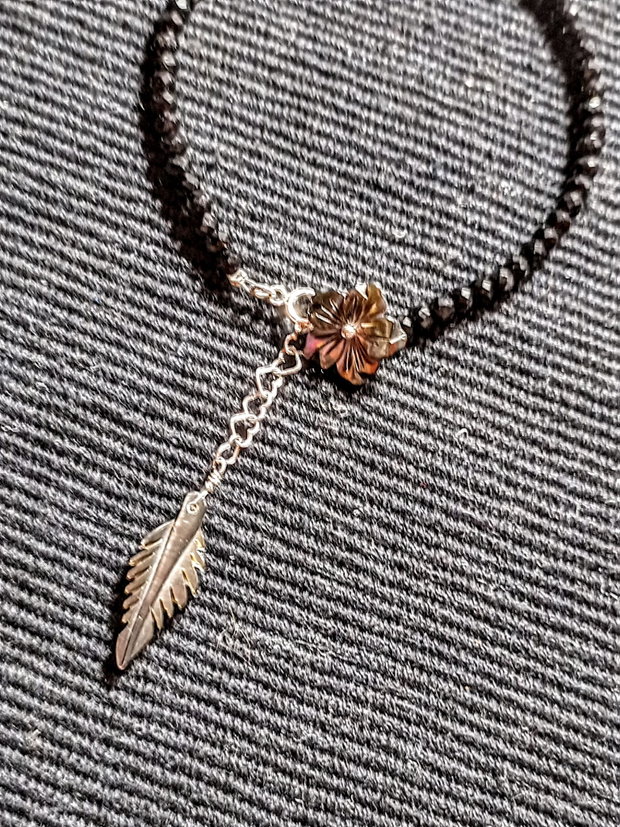 Bratara argint spinel negru sidef gravat floare frunza minimalista boho chic trendy - Transport gratuit