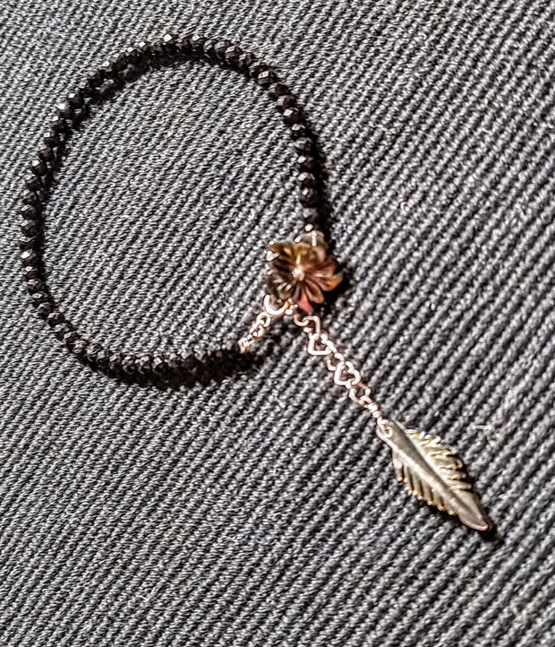 Bratara argint spinel negru sidef gravat floare frunza minimalista boho chic trendy - Transport gratuit