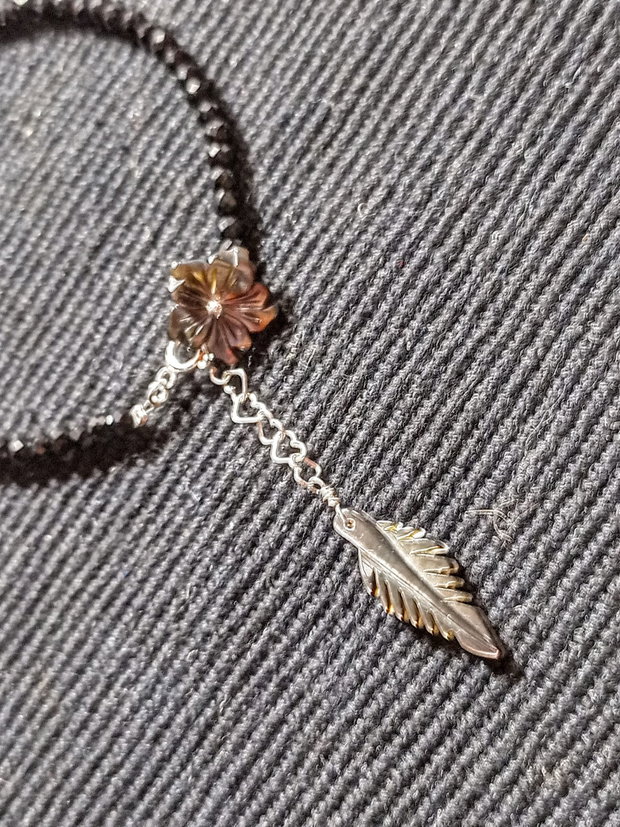 Bratara argint spinel negru sidef gravat floare frunza minimalista boho chic trendy - Transport gratuit