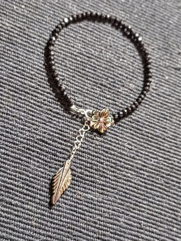 Bratara argint spinel negru sidef gravat floare frunza minimalista boho chic trendy - Transport gratuit