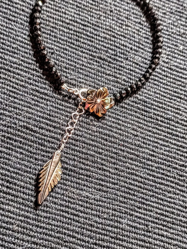 Bratara argint spinel negru sidef gravat floare frunza minimalista boho chic trendy - Transport gratuit