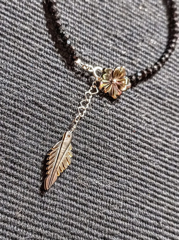 Bratara argint spinel negru sidef gravat floare frunza minimalista boho chic trendy - Transport gratuit