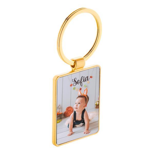 Breloc metalic, personalizat, Piksel, dreptunghiular, cu finisaj auriu in cutie kraft