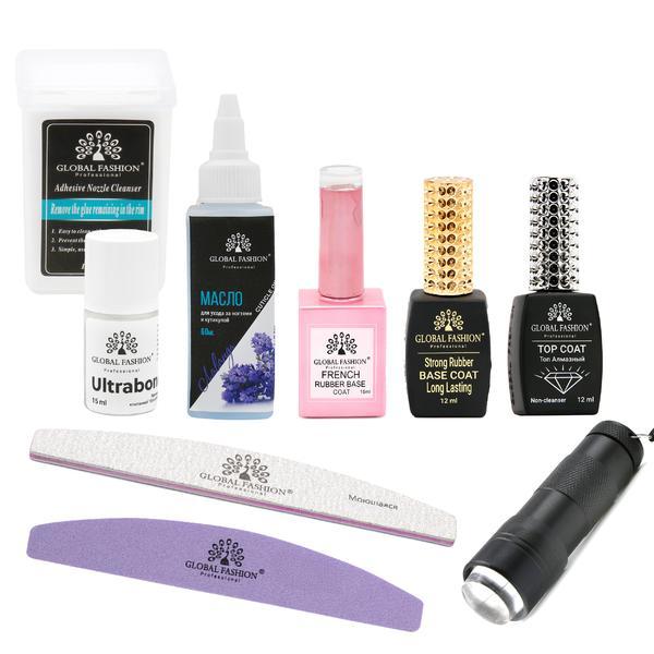 Set Manichiura Fashion varianta 1 (Servetele, Cleanser, Ultrabond, Base, French Rubber, Oja 8 ml, Top 12 ml, Lanterna, Buffer)