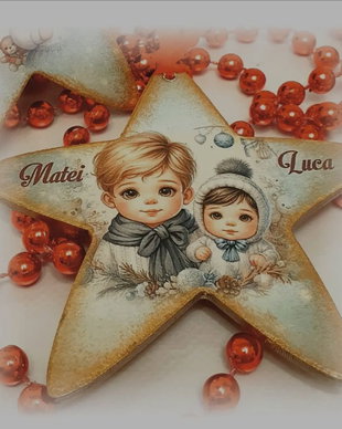 Decoratiune personalizata pentru Craciun, in forma de stea, cadou familie, tema Frati