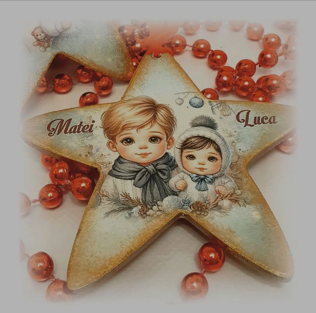 Decoratiune personalizata pentru Craciun, in forma de stea, cadou familie, tema Frati