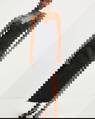 Tommy Jeans rochie din denim culoarea gri, maxi, evazati, DW0DW21634